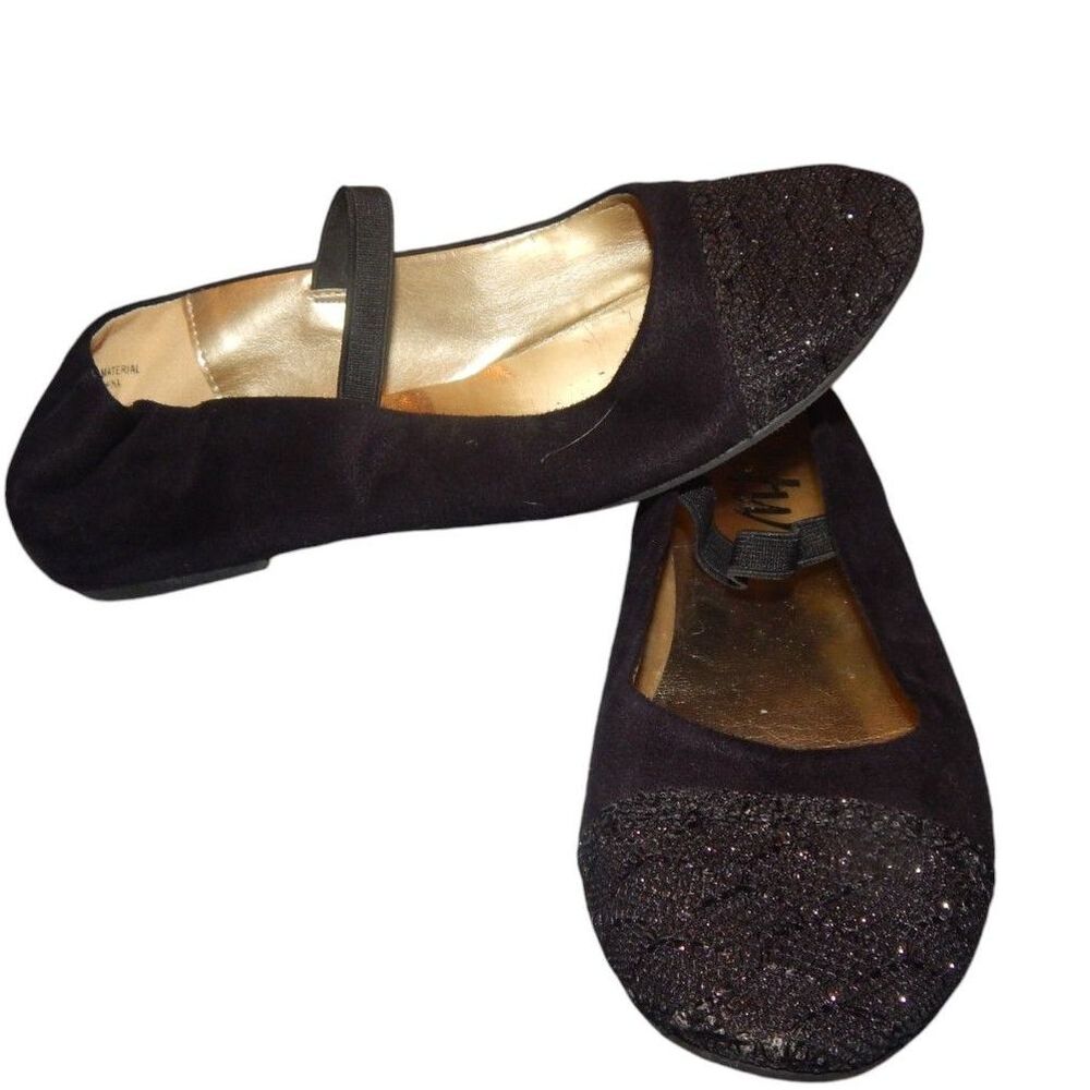 BTW BY THE WAY girls size 2 black suede sparkly lace toe dress shoe ballet flats